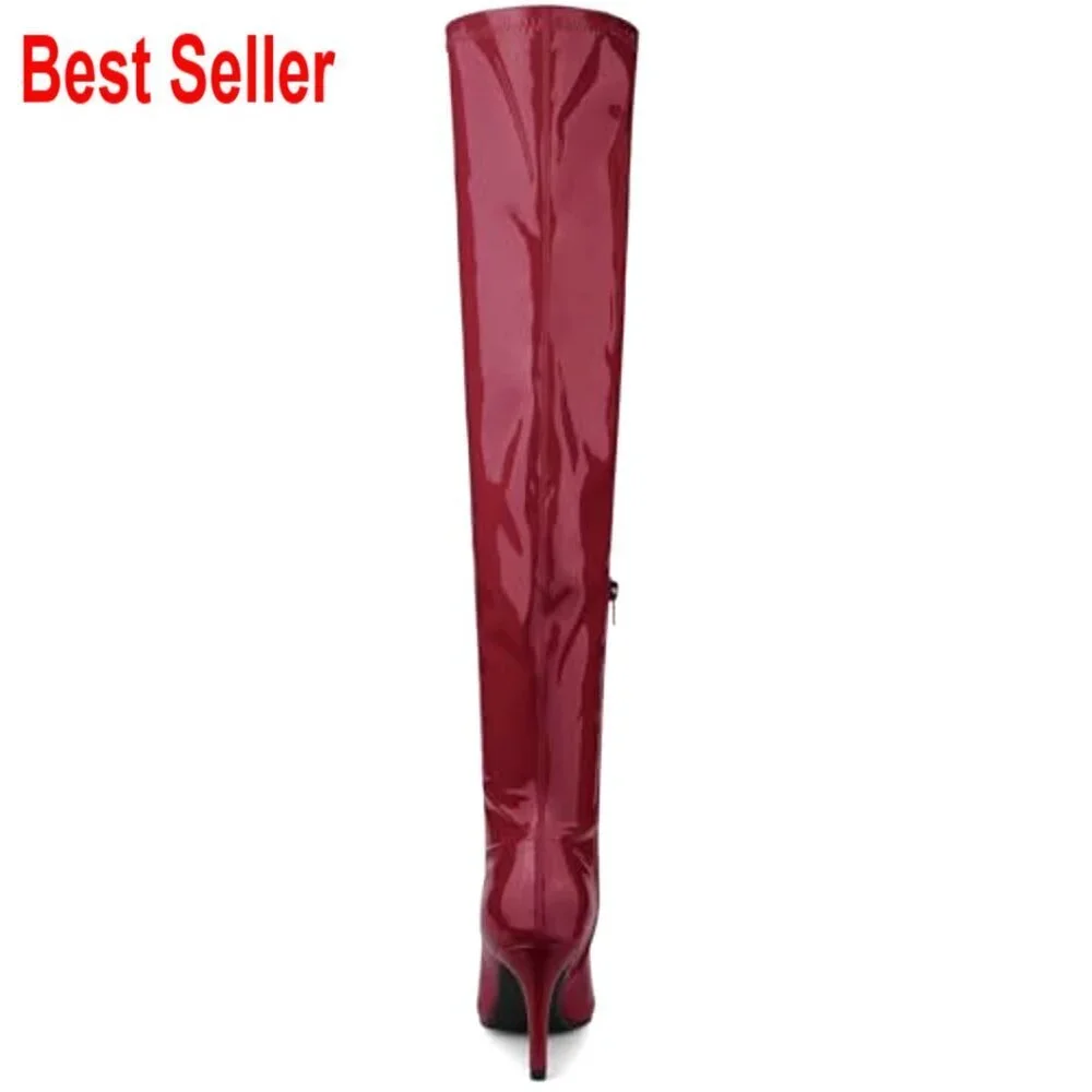 Patent Leather Over The Knee Boots with Stiletto Heels and Pointed Toe
